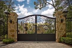 residential-driveway-gates-with-mediterranean-landscape-also-brick-driveway-entry-gate-filagree-jerkinhead-roof-metal-gate-stone-pilla